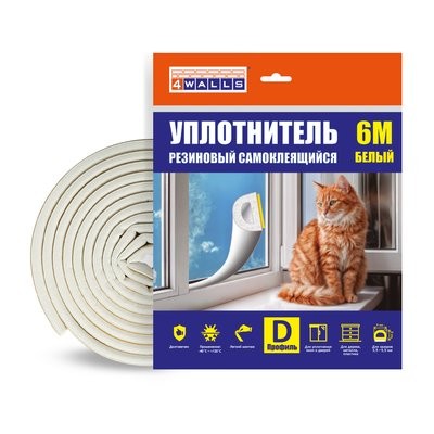 Уплотнитель резиновый D-профиль, 8*9 мм, 6м, белый, 4Walls
