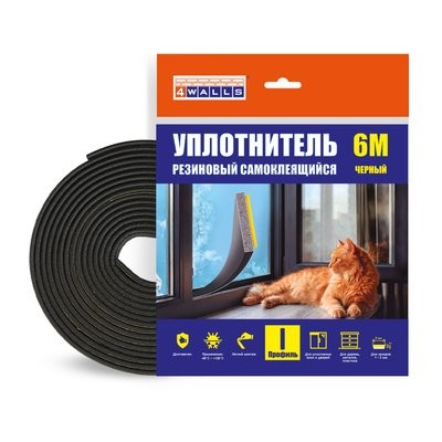 Уплотнитель резиновый I-профиль, 2*9 мм, 6м, черный, 4Walls